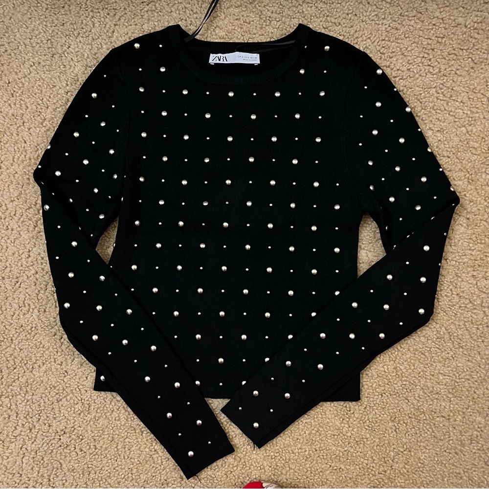 Zara studded long sleeve knit top
